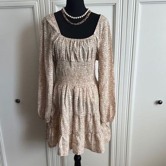 Princess Polly Cream Smocked Sundress with Long Bishop Sleeves - Picture 1 of 7